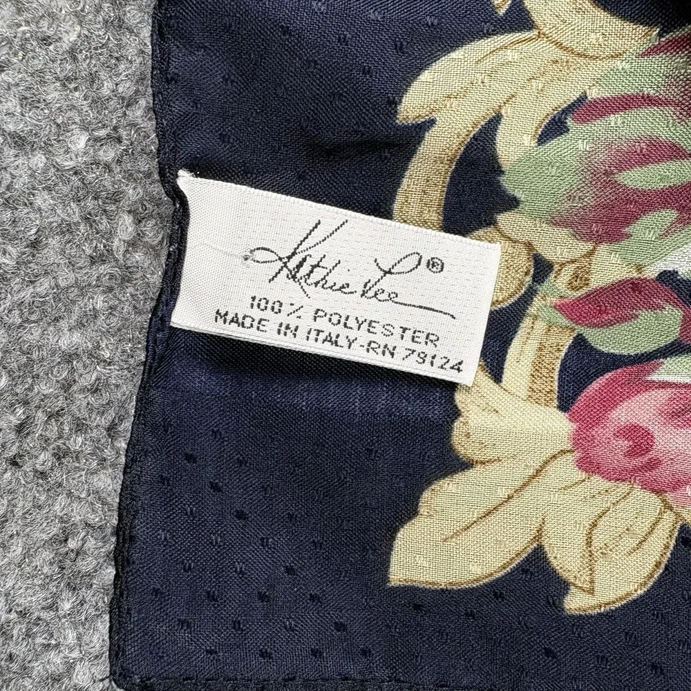 Vintage 80s Kathie Lee Floral Scarf Navy Pink Rose Cottagecore Romantic 56x12